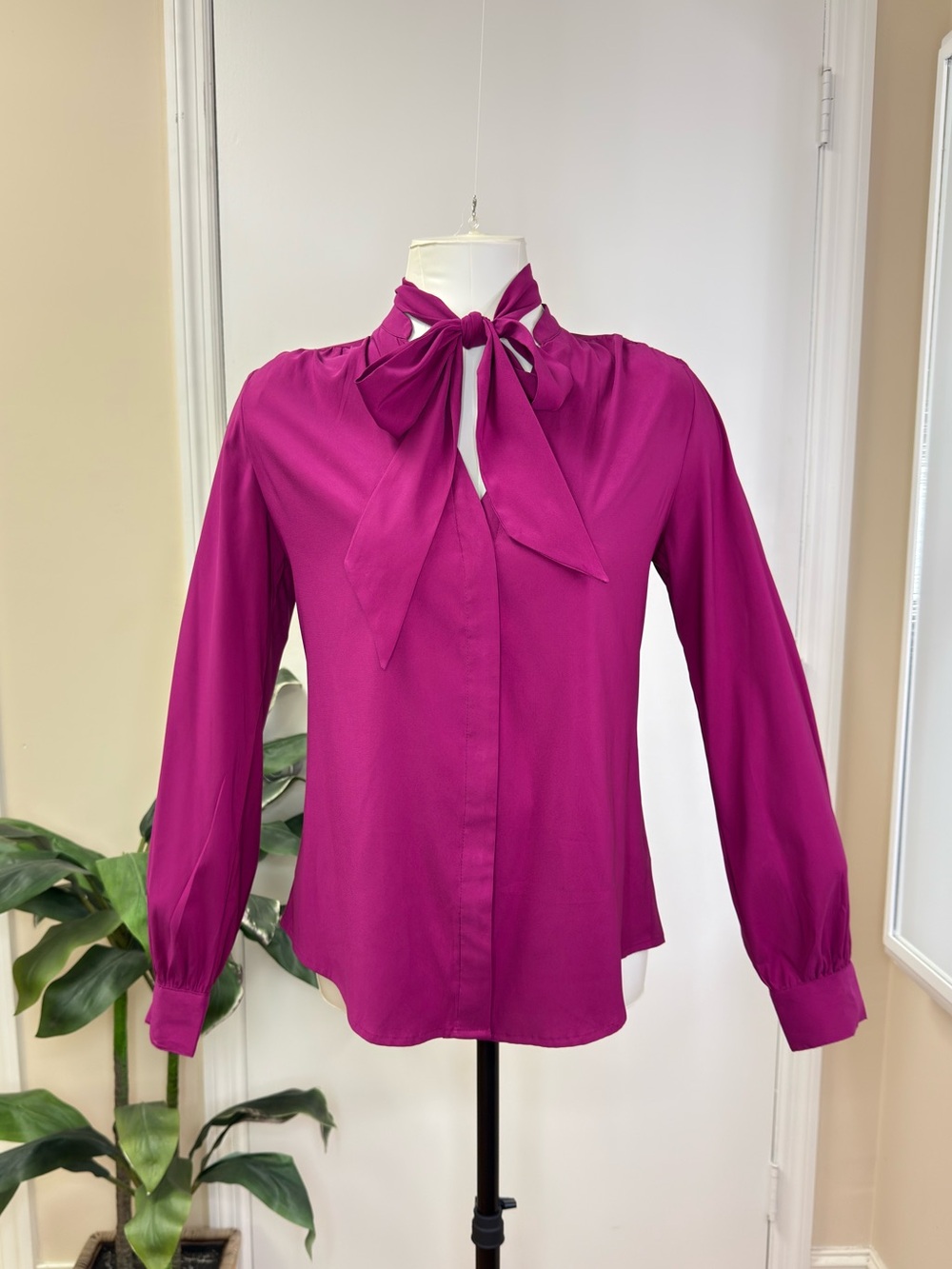 Express Relaxed Portofino Long Sleeve Tie Neck Button Down Shirt, Magenta, M